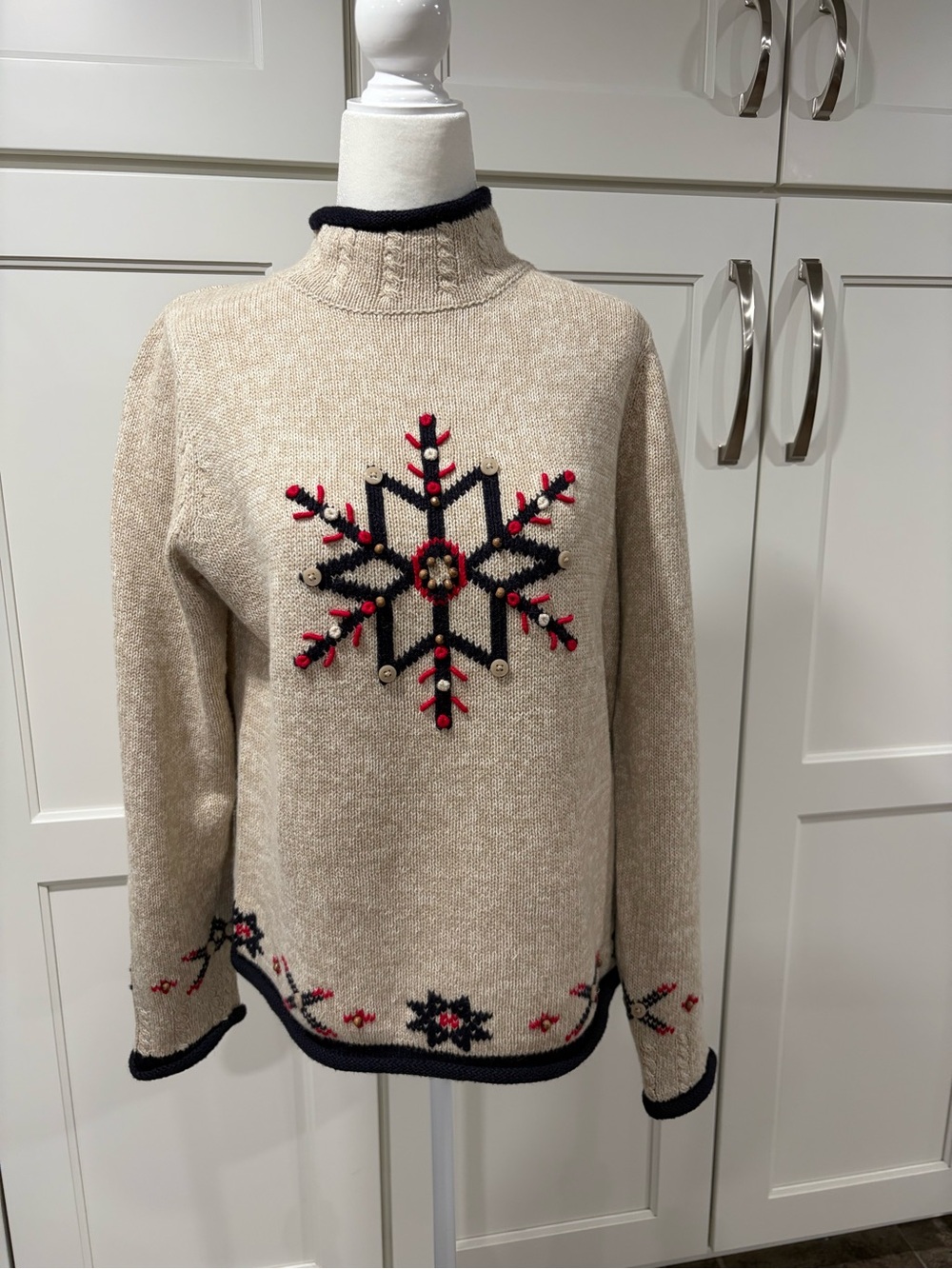 Christopher & Banks Beige Turtleneck Sweater with Navy & Red Snowflake